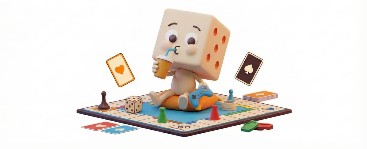 Sip & Play mascot - a cute dice character enjoying games
